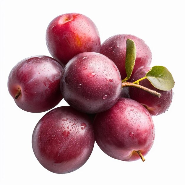 A bunch of plums with a leaf on it