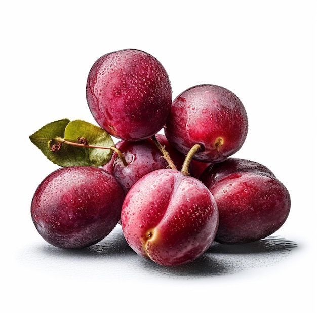 A bunch of plums with a leaf on it