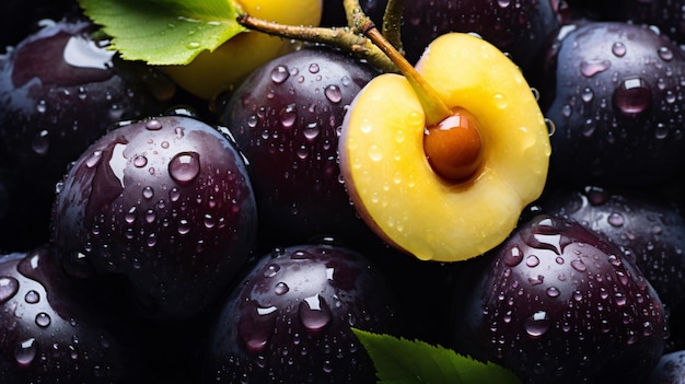 Bunch of plums with water droplets on them and yell