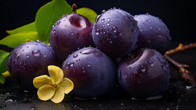 Bunch of plums with water droplets