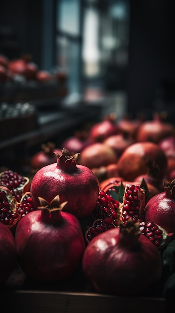 A bunch of pomegranates are in a dark room.