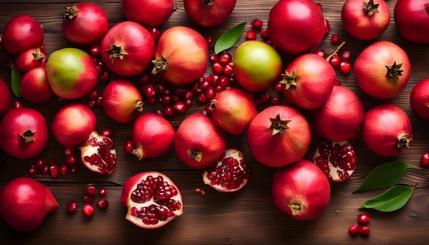 a bunch of pomegranates and pomegranates on a wooden table