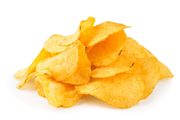 Bunch of potato chips on a white background