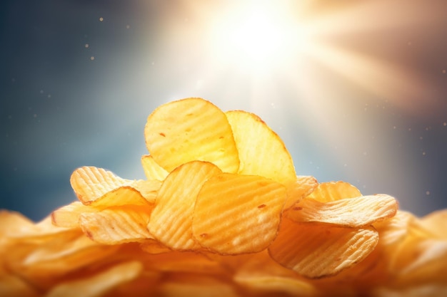 A bunch of potato chips with a blue background