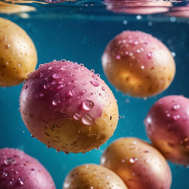 a bunch of potatoes floating in the water with water droplets on them and a blue background with bub