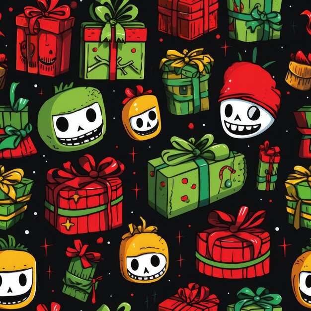Photo a bunch of presents that are on a black background horror christmas seamless background