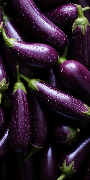 Photo a bunch of purple eggplant with water drops on it