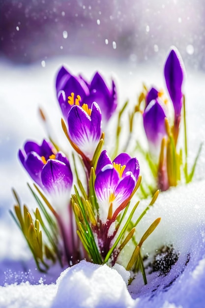 bunch of purple flowers sitting on top of pile of snow covered ground generative ai