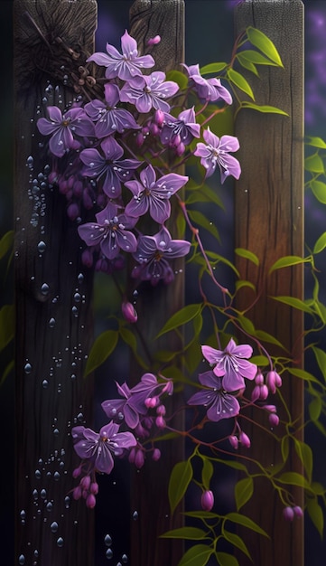 木のフェンスの上に座っている紫色の花の束の生成 ai