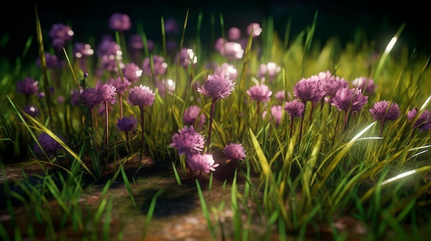 Букет фиолетовых цветов, которые находятся в траве, созданной ИИ.
