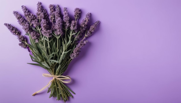 A bunch of purple flowers tied with a brown ribbon