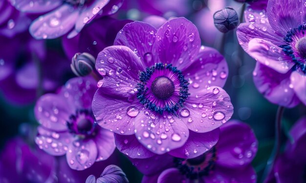 Photo a bunch of purple flowers with raindrops on them