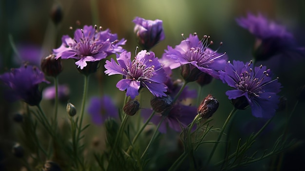 太陽が輝いている紫色の花の束