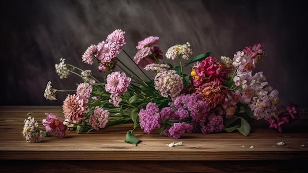 Букет фиолетовых цветов на деревянном столе