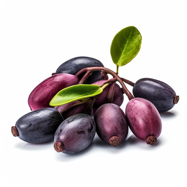 A bunch of purple fruits with green leaves on them
