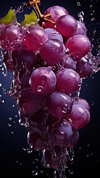 a bunch of purple grapes that are being splashed with water