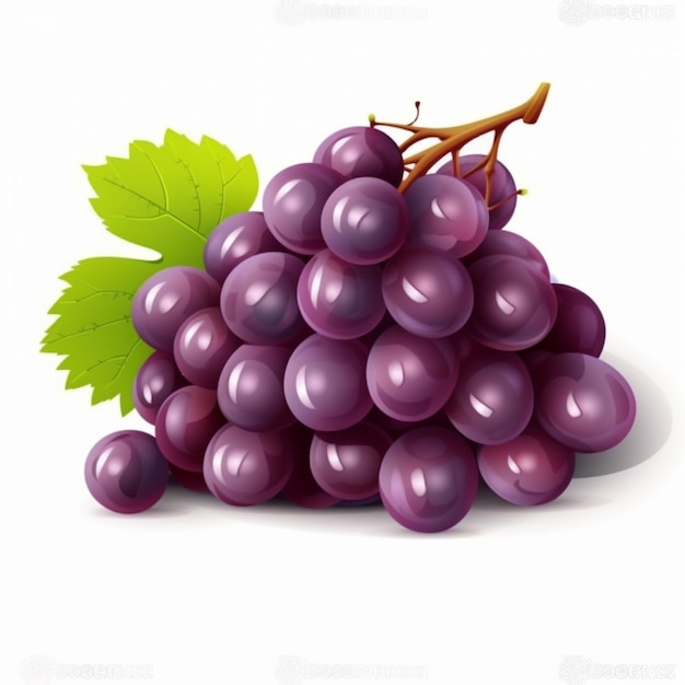 A bunch of purple grapes with a green leaf on a white background.