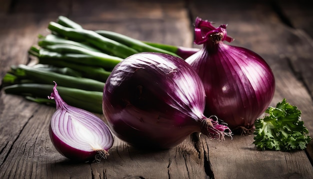 A bunch of purple onions on a wooden table