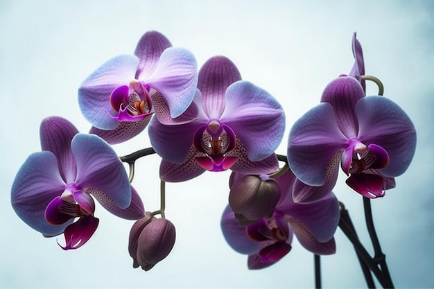A bunch of purple orchids are on a branch.