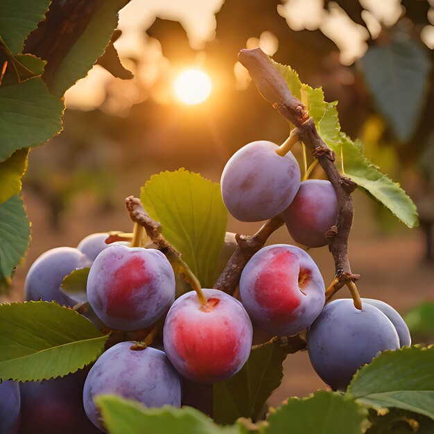 a bunch of purple plums are on a tree branch