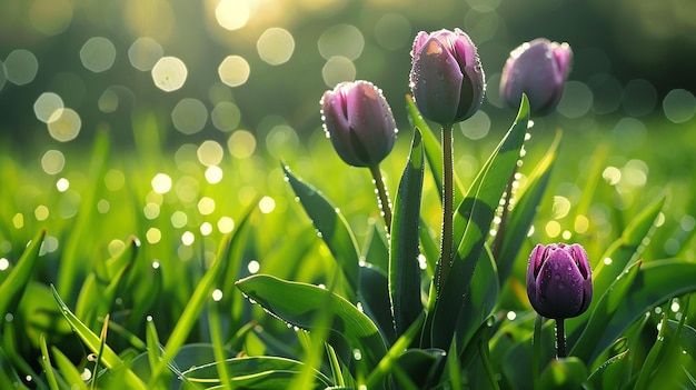 Bunch of purple tulips covered in water droplets