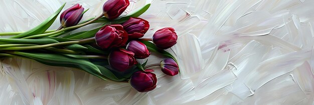 Photo bunch of purple tulips lying on a painted white background