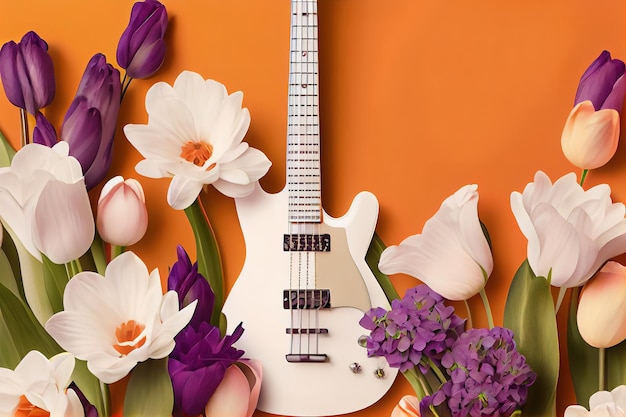 Photo bunch of purple tulips white guitar and flowers spring music generative ai