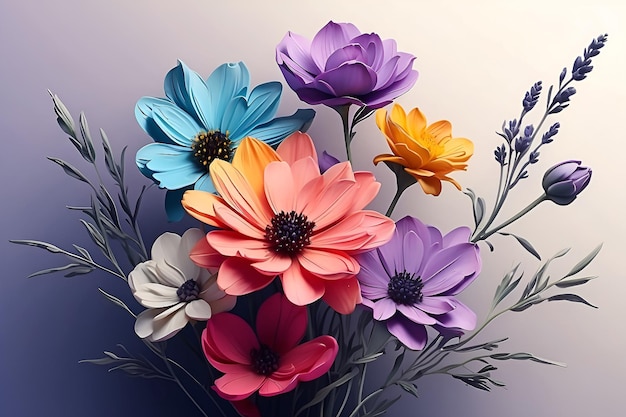 куча фиолетовых и акварельных цветов на белом фоне в цифровой живописи.
