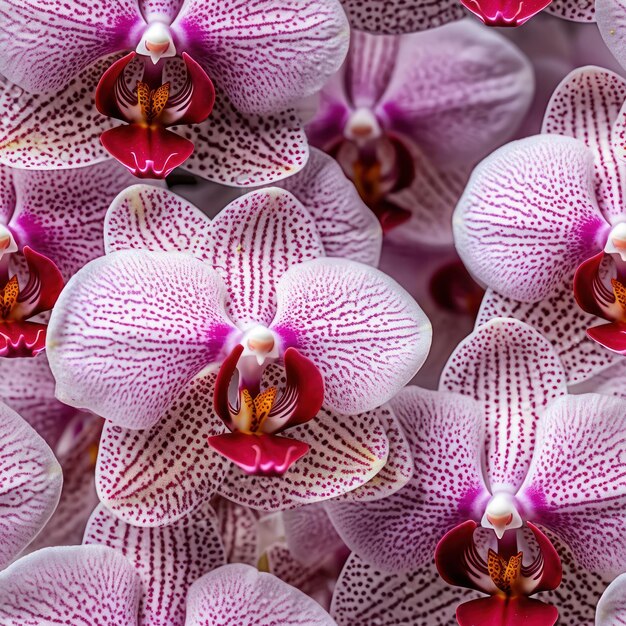 A bunch of purple and white orchids are displayed.