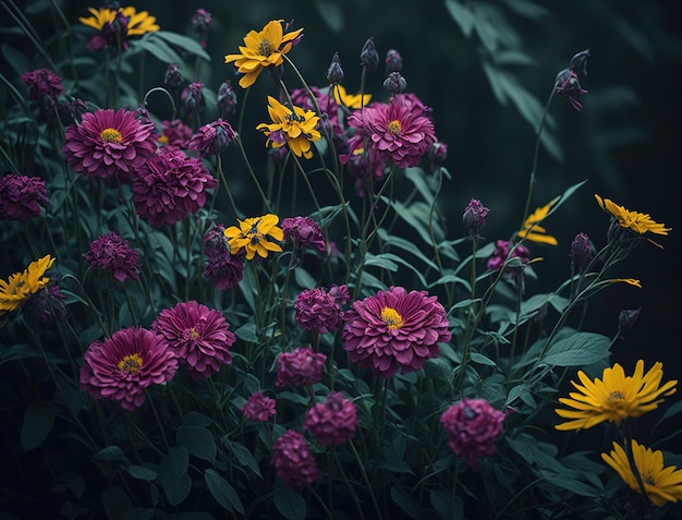 A bunch of purple and yellow flowers with one of them has a yellow flower in the middle.