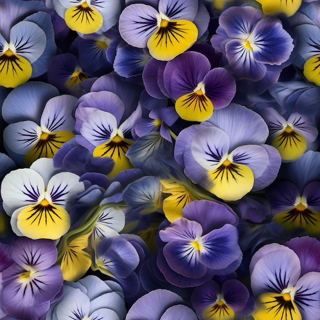 A bunch of purple and yellow pansies