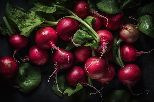 A bunch of radishes on a black background