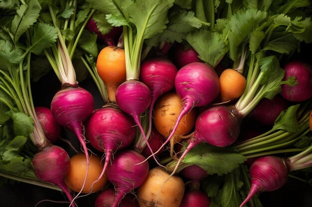 a bunch of radishes with a green leaf