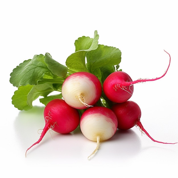 A bunch of radishes with green leaves on it