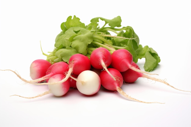 a bunch of radishes with leaves on a white surface