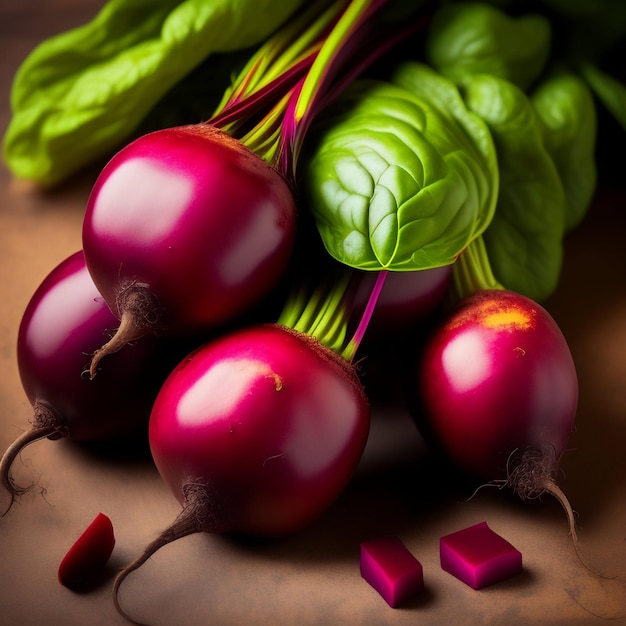 A bunch of radishes with one of them on a table