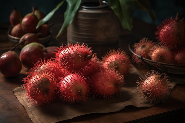 A bunch of rambutan on a table with a basket of fruit