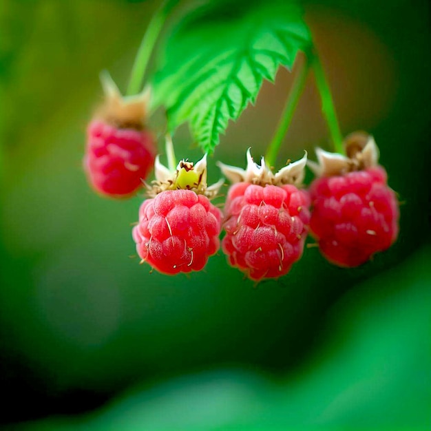 A bunch of raspberries are on a branch with green leaves.