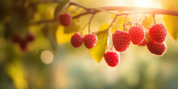 A bunch of raspberries on a branch