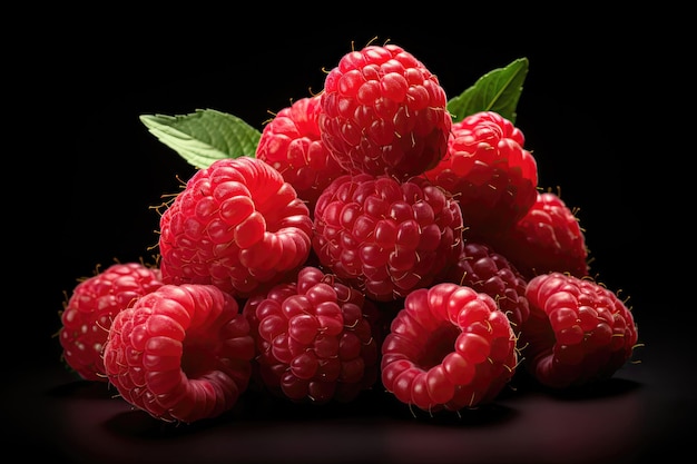 a bunch of raspberries in closeup on a black background