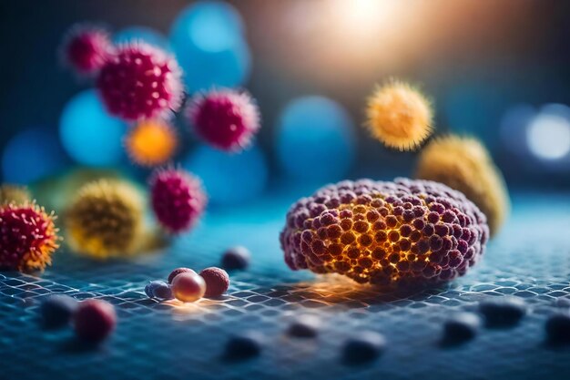 A bunch of raspberries and other berries are laying on a blue surface