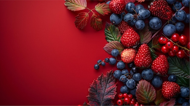 a bunch of raspberries and raspberries are on a red background