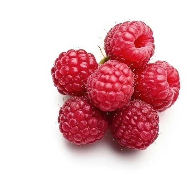 A bunch of raspberries that are on a white surface