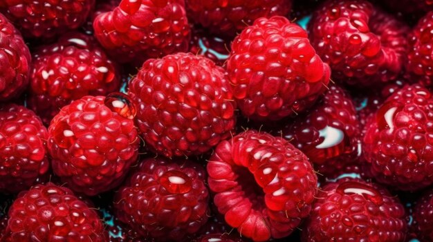 A bunch of raspberries with a drop of liquid on them