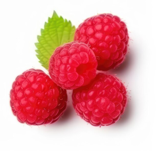 A bunch of raspberries with a green leaf on top.