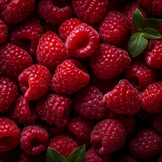 A bunch of raspberries with green leaves on them