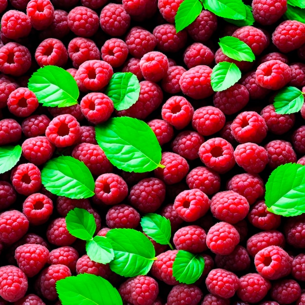 A bunch of raspberries with green leaves on them