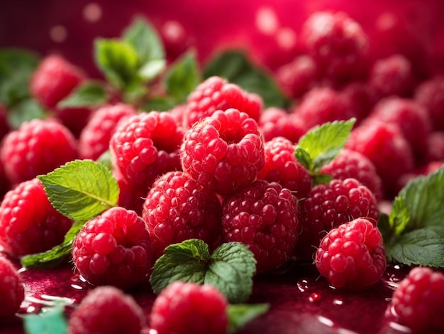 a bunch of raspberries with green leaves on them