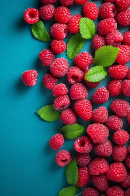 a bunch of raspberries with leaves on a blue background