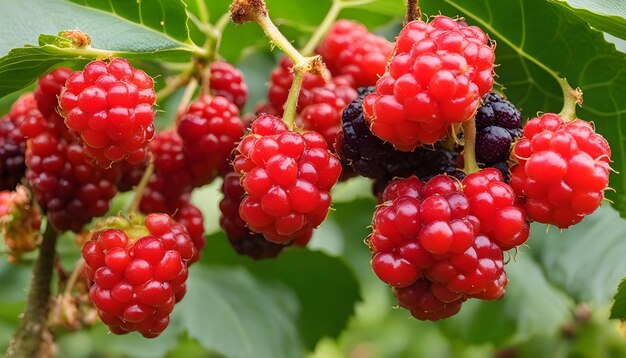 a bunch of raspberries with leaves and a green background